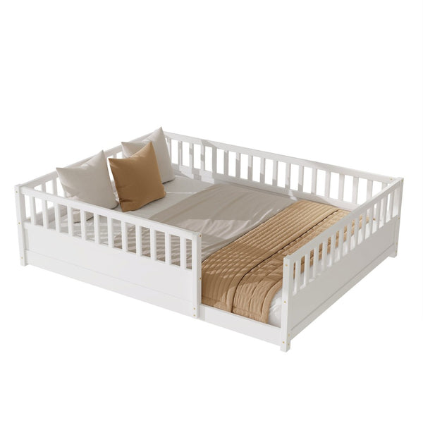 English Elm Queen Montessori Pine Floor Bed with Full Guardrail and Door Panel for Kids White W1858P475434