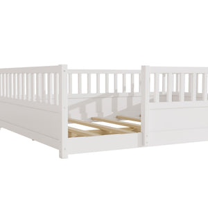 English Elm Queen Montessori Pine Floor Bed with Full Guardrail and Door Panel for Kids White W1858P475434
