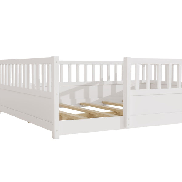 English Elm Queen Montessori Pine Floor Bed with Full Guardrail and Door Panel for Kids White W1858P475434