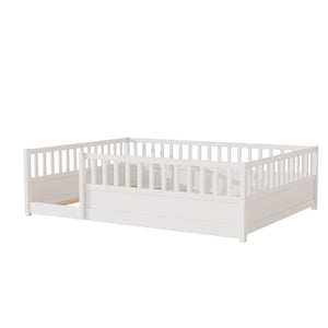 English Elm Queen Montessori Pine Floor Bed with Full Guardrail and Door Panel for Kids White W1858P475434
