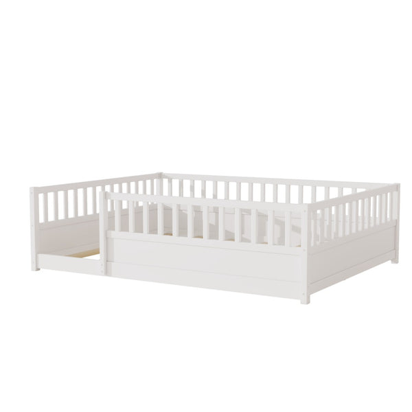 English Elm Queen Montessori Pine Floor Bed with Full Guardrail and Door Panel for Kids White W1858P475434