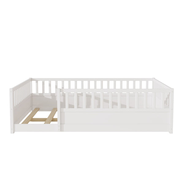 English Elm Queen Montessori Pine Floor Bed with Full Guardrail and Door Panel for Kids White W1858P475434