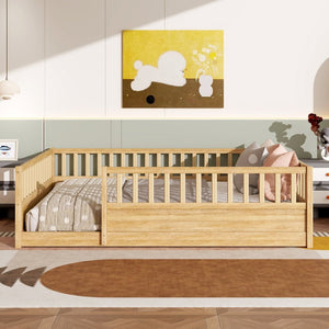 English Elm Queen Montessori Pine Floor Bed with Full Guardrail and Door Panel for Kids Natural W1858P475435