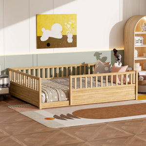 English Elm Queen Montessori Pine Floor Bed with Full Guardrail and Door Panel for Kids Natural W1858P475435