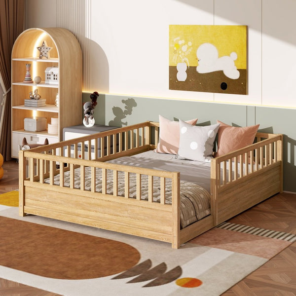 English Elm Queen Montessori Pine Floor Bed with Full Guardrail and Door Panel for Kids Natural W1858P475435