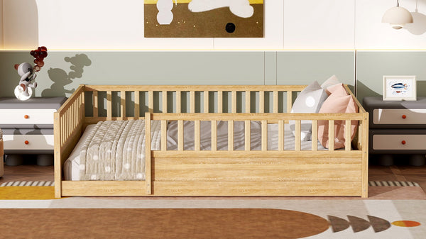 English Elm Queen Montessori Pine Floor Bed with Full Guardrail and Door Panel for Kids Natural W1858P475435