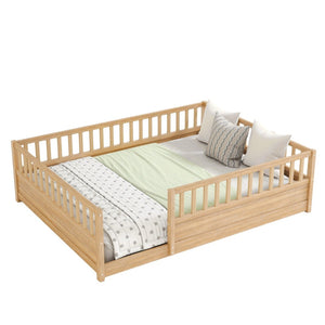 English Elm Queen Montessori Pine Floor Bed with Full Guardrail and Door Panel for Kids Natural W1858P475435