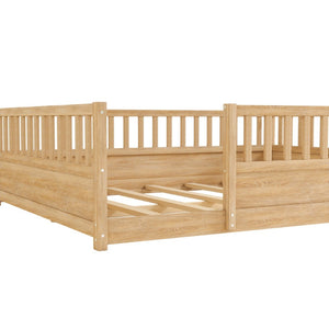 English Elm Queen Montessori Pine Floor Bed with Full Guardrail and Door Panel for Kids Natural W1858P475435