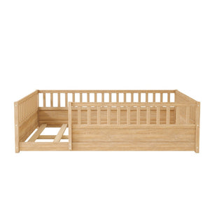 English Elm Queen Montessori Pine Floor Bed with Full Guardrail and Door Panel for Kids Natural W1858P475435