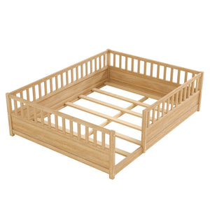 English Elm Queen Montessori Pine Floor Bed with Full Guardrail and Door Panel for Kids Natural W1858P475435