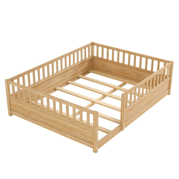 English Elm Queen Montessori Pine Floor Bed with Full Guardrail and Door Panel for Kids Natural W1858P475435