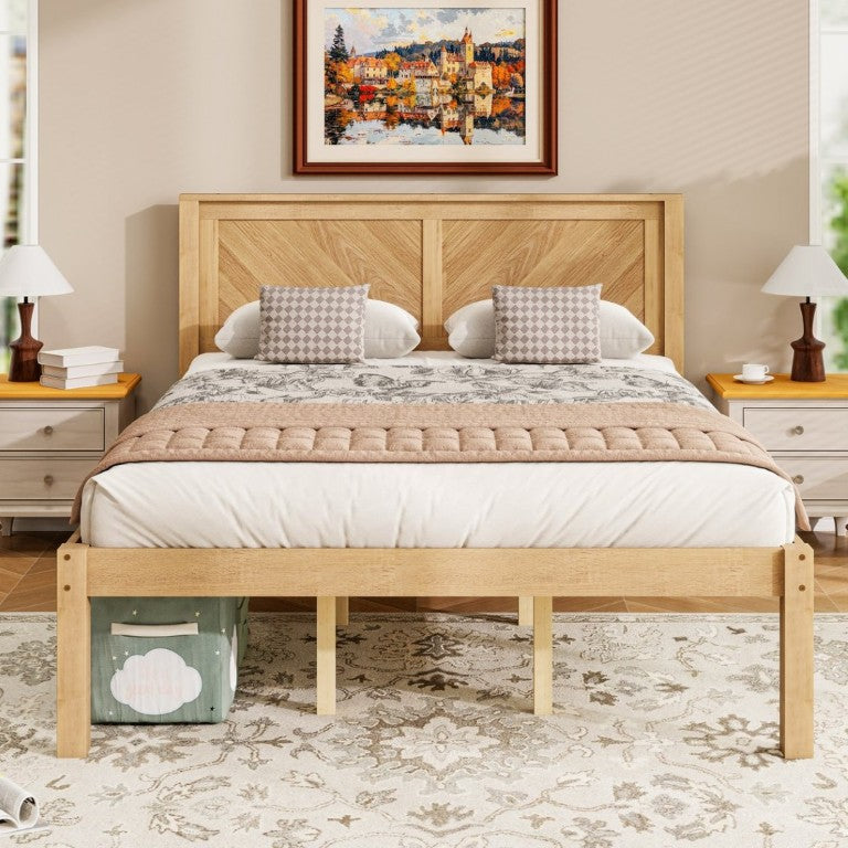 English Elm Queen Solid Pine Platform Bed Herringbone Headboard Farmhouse Storage Base Natural Oak W1858P489487