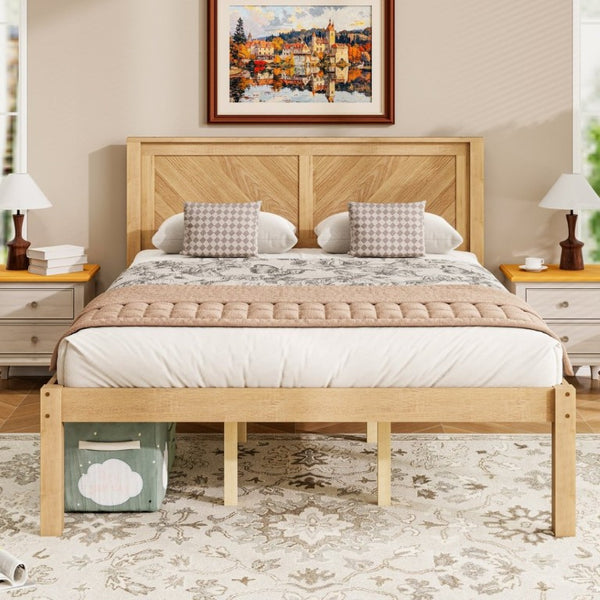 English Elm Queen Solid Pine Platform Bed Herringbone Headboard Farmhouse Storage Base Natural Oak W1858P489487