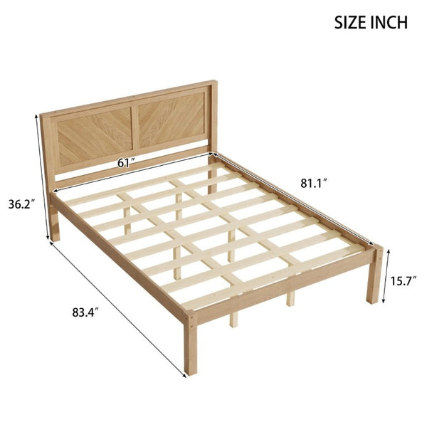 English Elm Queen Solid Pine Platform Bed Herringbone Headboard Farmhouse Storage Base Natural Oak W1858P489487