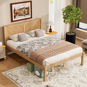 English Elm Queen Solid Pine Platform Bed Herringbone Headboard Farmhouse Storage Base Natural Oak W1858P489487