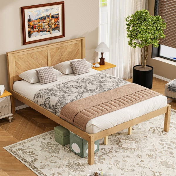 English Elm Queen Solid Pine Platform Bed Herringbone Headboard Farmhouse Storage Base Natural Oak W1858P489487