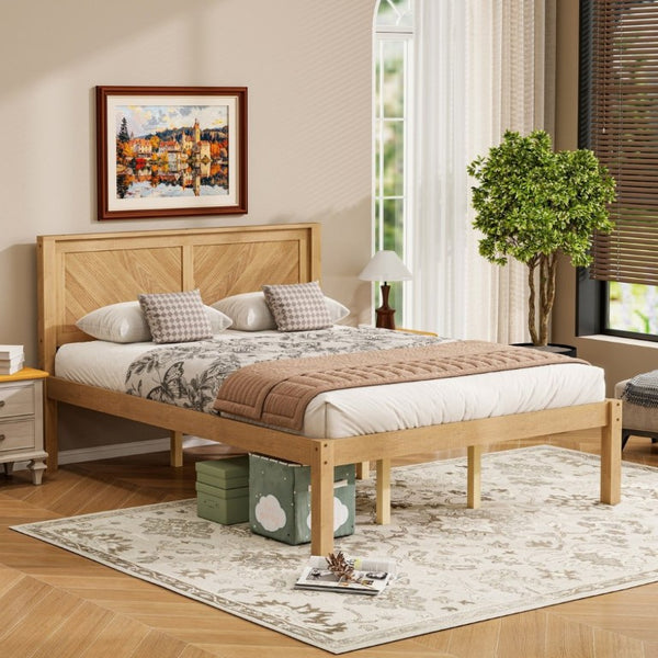 English Elm Queen Solid Pine Platform Bed Herringbone Headboard Farmhouse Storage Base Natural Oak W1858P489487