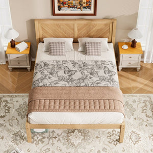English Elm Queen Solid Pine Platform Bed Herringbone Headboard Farmhouse Storage Base Natural Oak W1858P489487