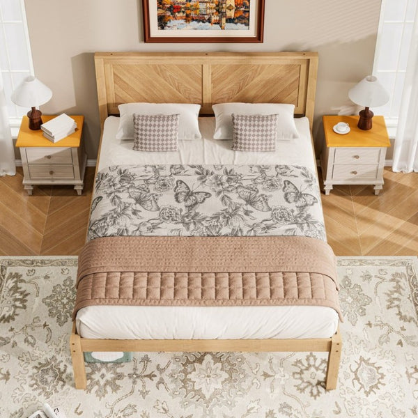 English Elm Queen Solid Pine Platform Bed Herringbone Headboard Farmhouse Storage Base Natural Oak W1858P489487
