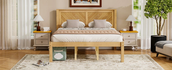 English Elm Queen Solid Pine Platform Bed Herringbone Headboard Farmhouse Storage Base Natural Oak W1858P489487