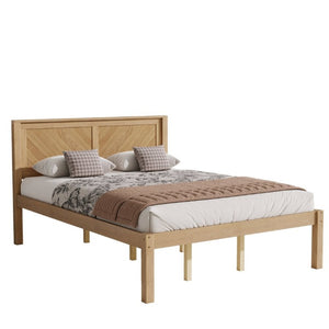 English Elm Queen Solid Pine Platform Bed Herringbone Headboard Farmhouse Storage Base Natural Oak W1858P489487