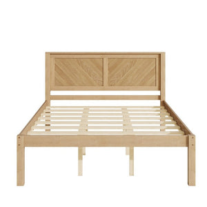 English Elm Queen Solid Pine Platform Bed Herringbone Headboard Farmhouse Storage Base Natural Oak W1858P489487