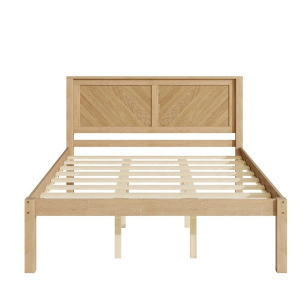 English Elm Queen Solid Pine Platform Bed Herringbone Headboard Farmhouse Storage Base Natural Oak W1858P489487