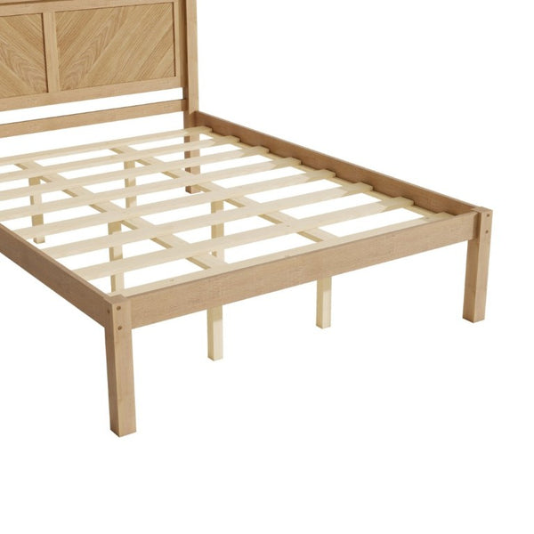 English Elm Queen Solid Pine Platform Bed Herringbone Headboard Farmhouse Storage Base Natural Oak W1858P489487