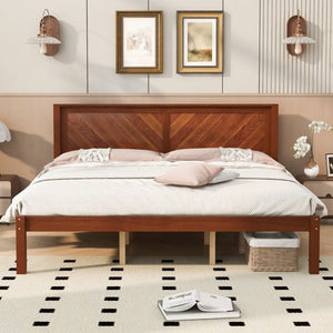 English Elm King Solid Pine Platform Bed Herringbone Headboard Walnut Farmhouse Storage Frame W1858P489492