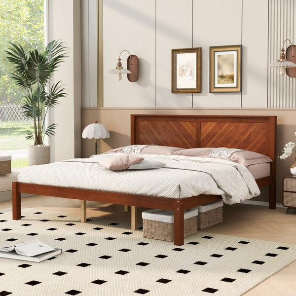 English Elm King Solid Pine Platform Bed Herringbone Headboard Walnut Farmhouse Storage Frame W1858P489492