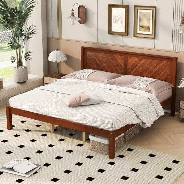 English Elm King Solid Pine Platform Bed Herringbone Headboard Walnut Farmhouse Storage Frame W1858P489492