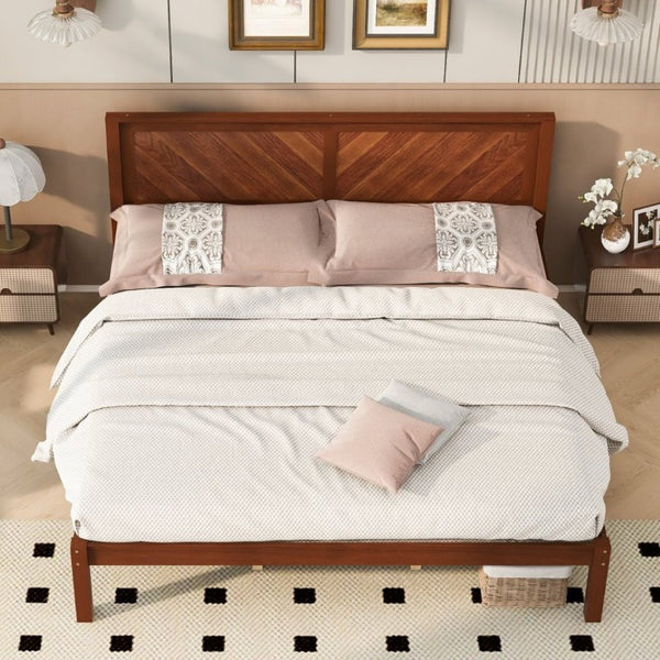 English Elm King Solid Pine Platform Bed Herringbone Headboard Walnut Farmhouse Storage Frame W1858P489492