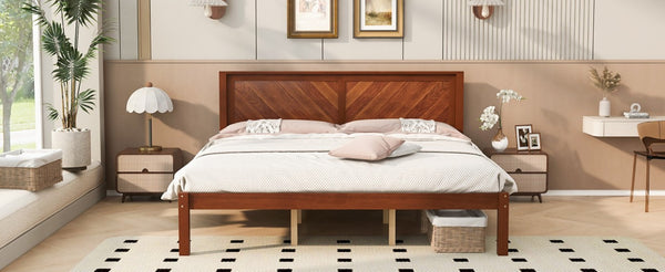 English Elm King Solid Pine Platform Bed Herringbone Headboard Walnut Farmhouse Storage Frame W1858P489492