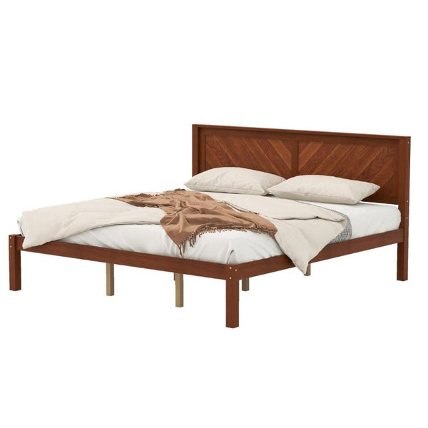 English Elm King Solid Pine Platform Bed Herringbone Headboard Walnut Farmhouse Storage Frame W1858P489492