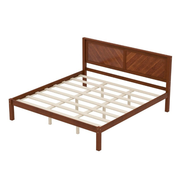 English Elm King Solid Pine Platform Bed Herringbone Headboard Walnut Farmhouse Storage Frame W1858P489492