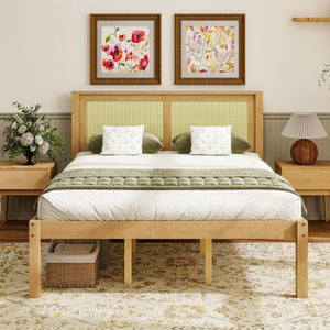 English Elm Queen Solid Pine Platform Bed Woven Rattan Headboard Boho Farmhouse Storage Frame W1858P489493