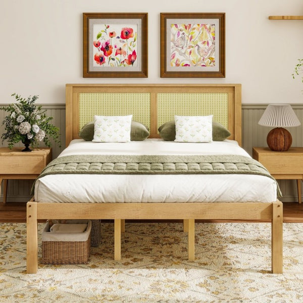 English Elm Queen Solid Pine Platform Bed Woven Rattan Headboard Boho Farmhouse Storage Frame W1858P489493
