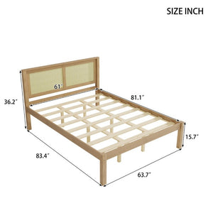 English Elm Queen Solid Pine Platform Bed Woven Rattan Headboard Boho Farmhouse Storage Frame W1858P489493
