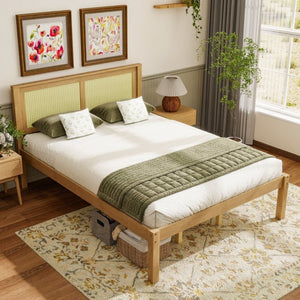 English Elm Queen Solid Pine Platform Bed Woven Rattan Headboard Boho Farmhouse Storage Frame W1858P489493