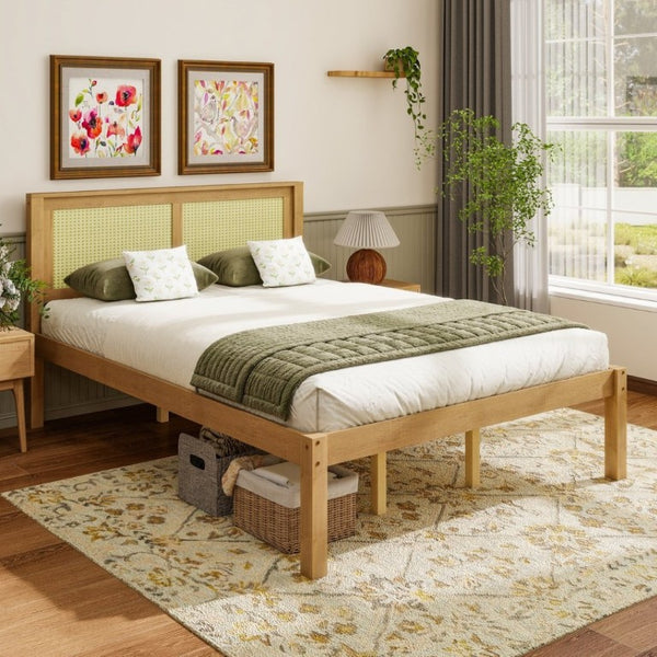 English Elm Queen Solid Pine Platform Bed Woven Rattan Headboard Boho Farmhouse Storage Frame W1858P489493