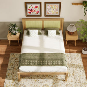 English Elm Queen Solid Pine Platform Bed Woven Rattan Headboard Boho Farmhouse Storage Frame W1858P489493