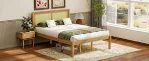 English Elm Queen Solid Pine Platform Bed Woven Rattan Headboard Boho Farmhouse Storage Frame W1858P489493