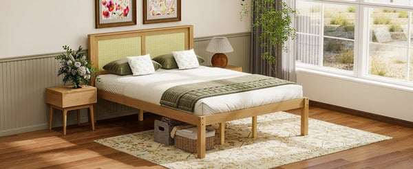 English Elm Queen Solid Pine Platform Bed Woven Rattan Headboard Boho Farmhouse Storage Frame W1858P489493