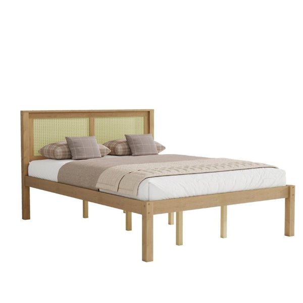 English Elm Queen Solid Pine Platform Bed Woven Rattan Headboard Boho Farmhouse Storage Frame W1858P489493