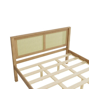 English Elm Queen Solid Pine Platform Bed Woven Rattan Headboard Boho Farmhouse Storage Frame W1858P489493