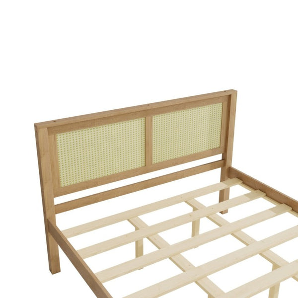 English Elm Queen Solid Pine Platform Bed Woven Rattan Headboard Boho Farmhouse Storage Frame W1858P489493