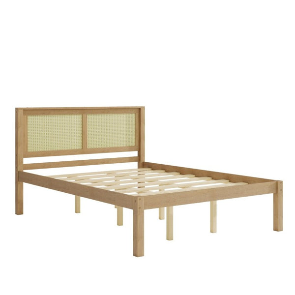 English Elm Queen Solid Pine Platform Bed Woven Rattan Headboard Boho Farmhouse Storage Frame W1858P489493