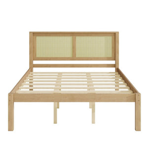 English Elm Queen Solid Pine Platform Bed Woven Rattan Headboard Boho Farmhouse Storage Frame W1858P489493