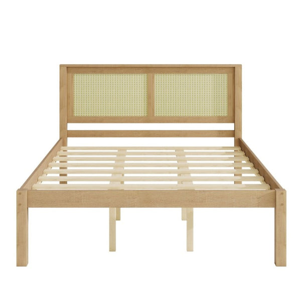 English Elm Queen Solid Pine Platform Bed Woven Rattan Headboard Boho Farmhouse Storage Frame W1858P489493