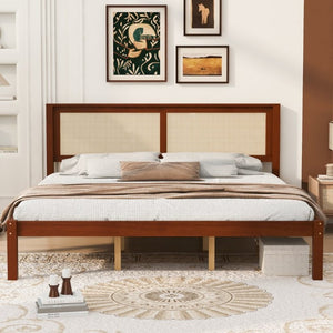 English Elm King Solid Pine Platform Bed Woven Rattan Headboard Farmhouse Walnut Finish Storage W1858P489494
